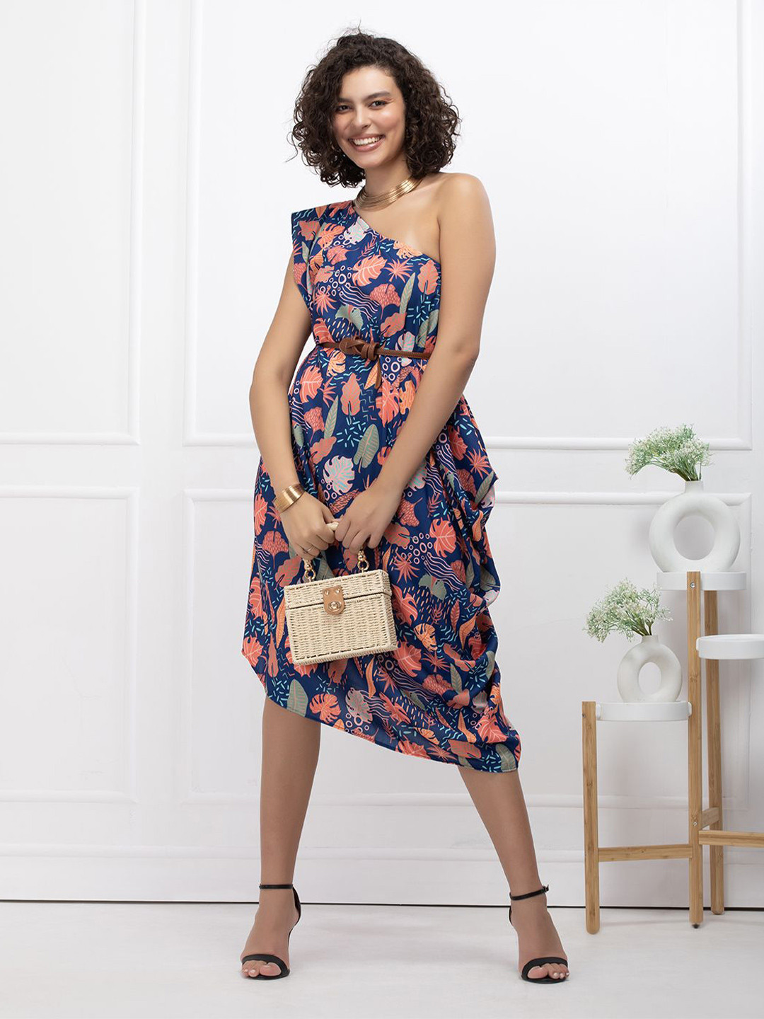 House of Abeena Women Tropical Printed One Shoulder A-Line Midi Dress