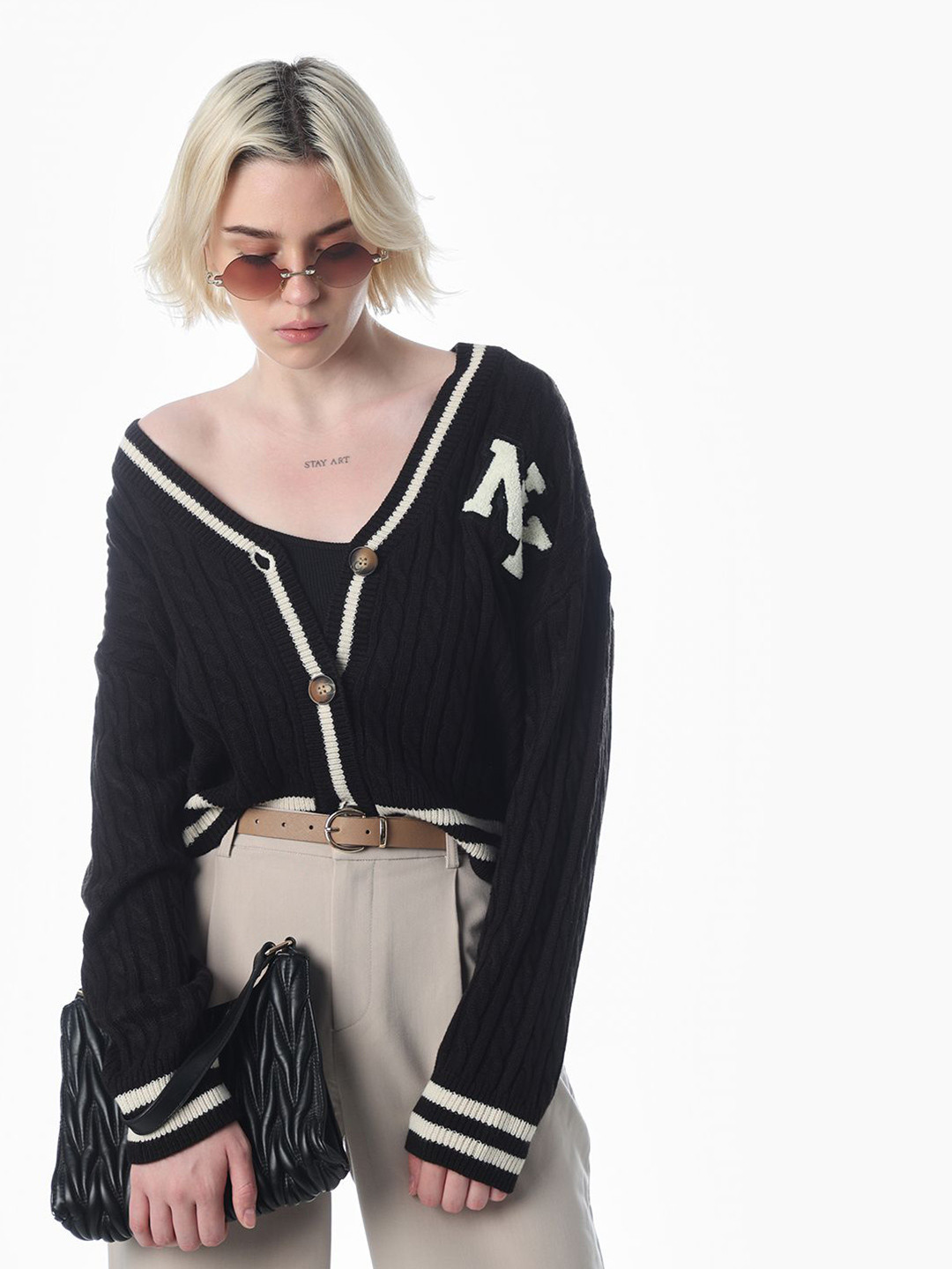 ONLY Onlthale LS Cable Knit V-Neck Cardigan With Applique Detail