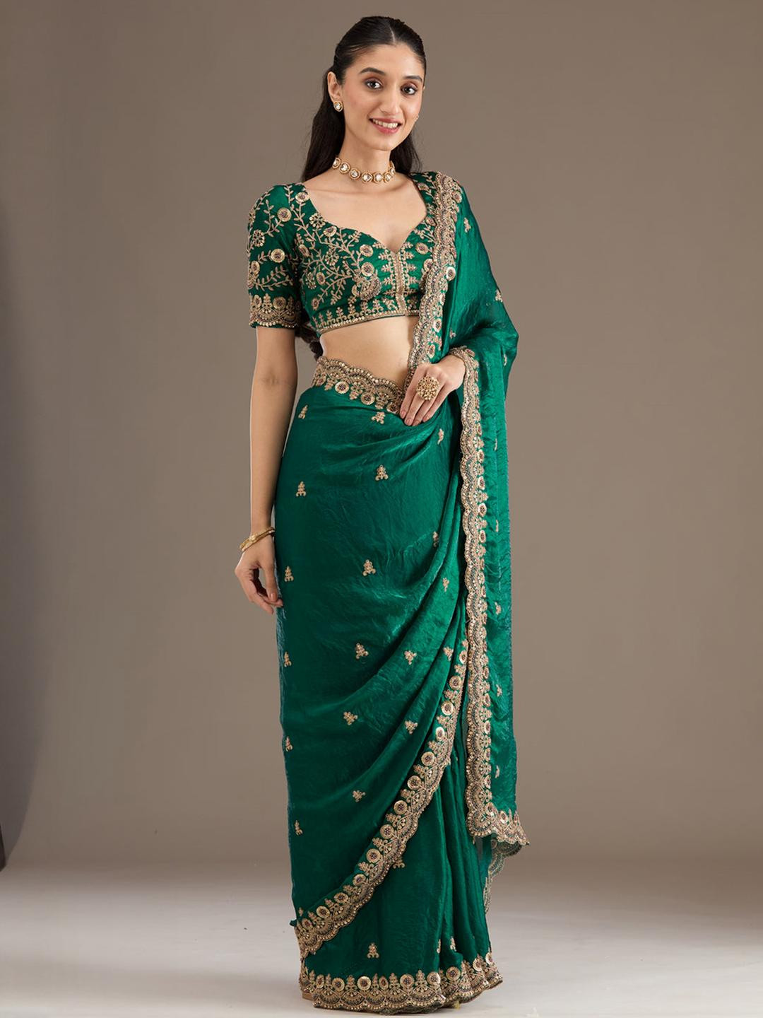 KALINI Green Poly Chiffon Embroidered Sarees