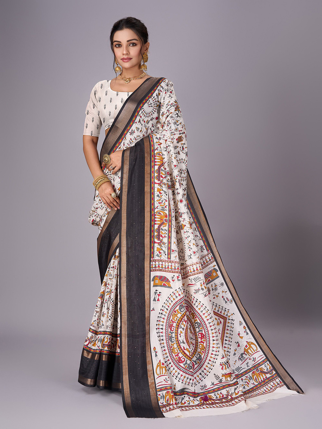 GHAN SALS Ethnic Motifs Printed Zari Chanderi Saree