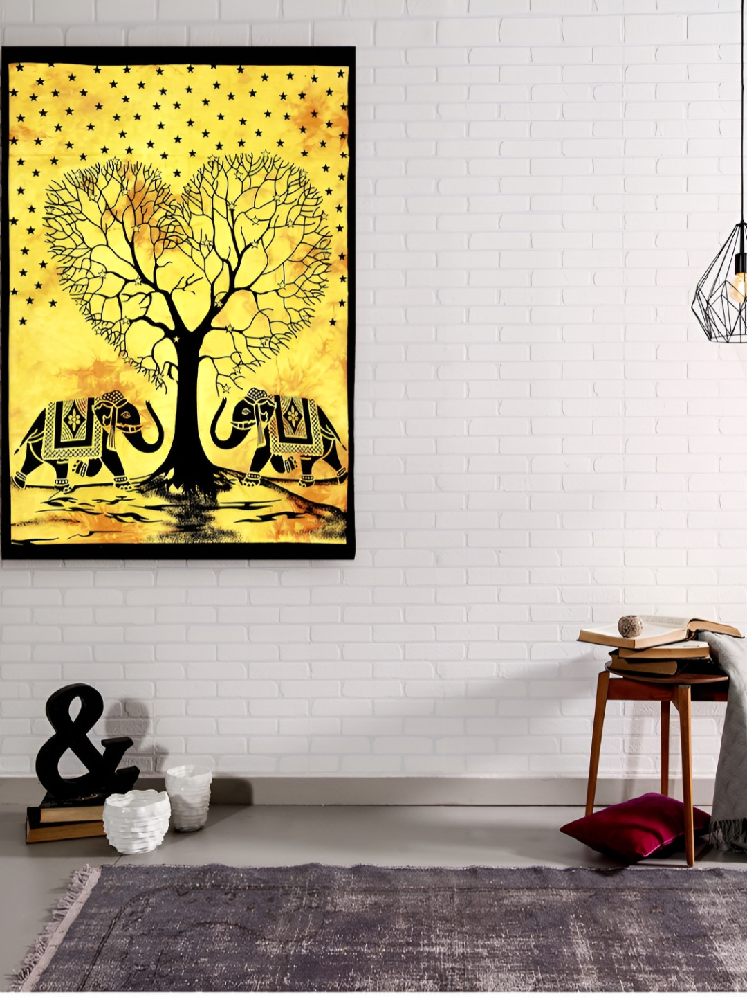 HANDICRAFT PALACE Yellow & Black Elephant Printed Pure Cotton Wall Hanging Tapestry