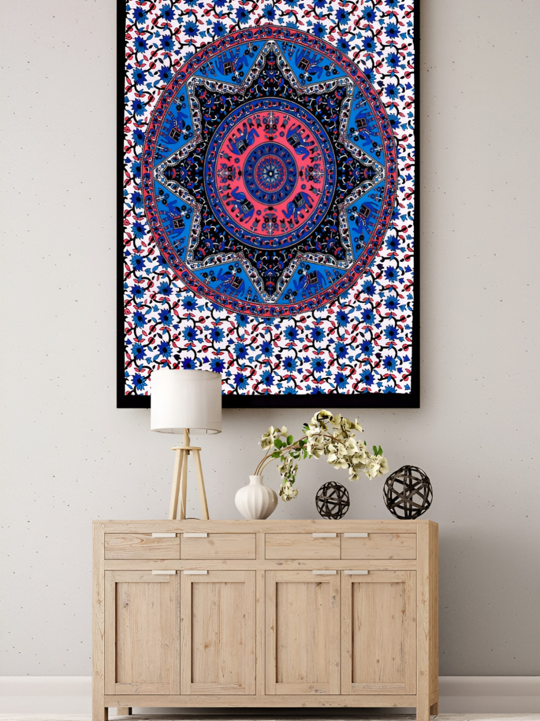 HANDICRAFT PALACE White & Blue Mandala Printed Pure Cotton Wall Hanging Tapestry