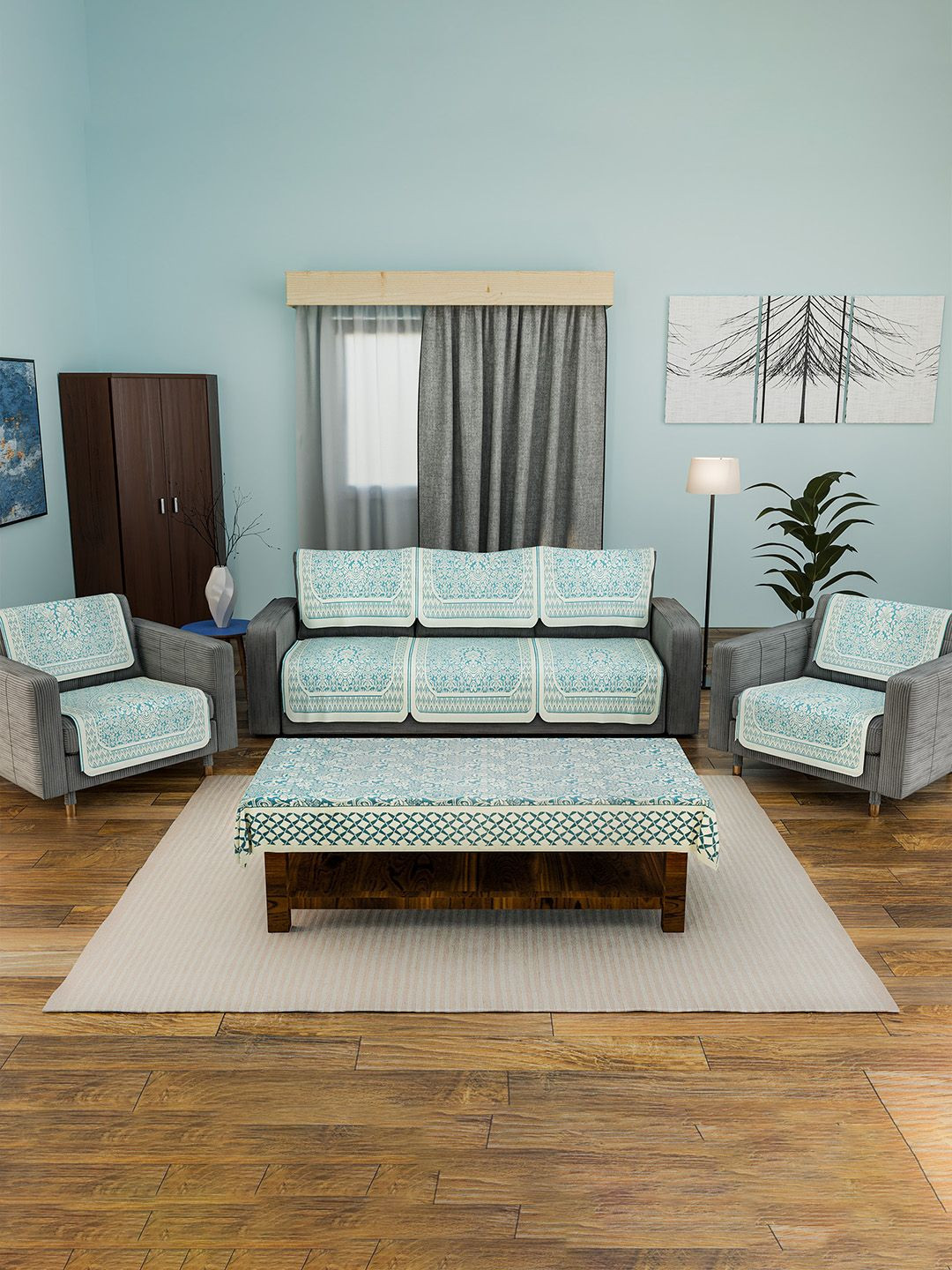 Kuber Industries Cream-Coloured & Blue 11 Pieces Printed Cotton 5 Seater Sofa Covers
