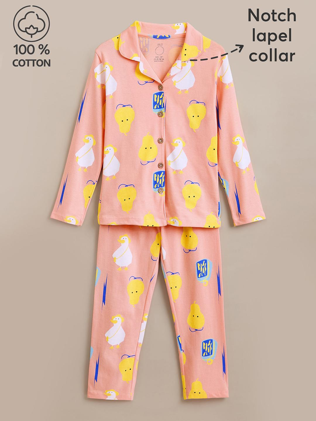 Hopscotch Girls Pink & Beige Printed Cotton Lapel Collar Shirt & Slip On Pyjama Set