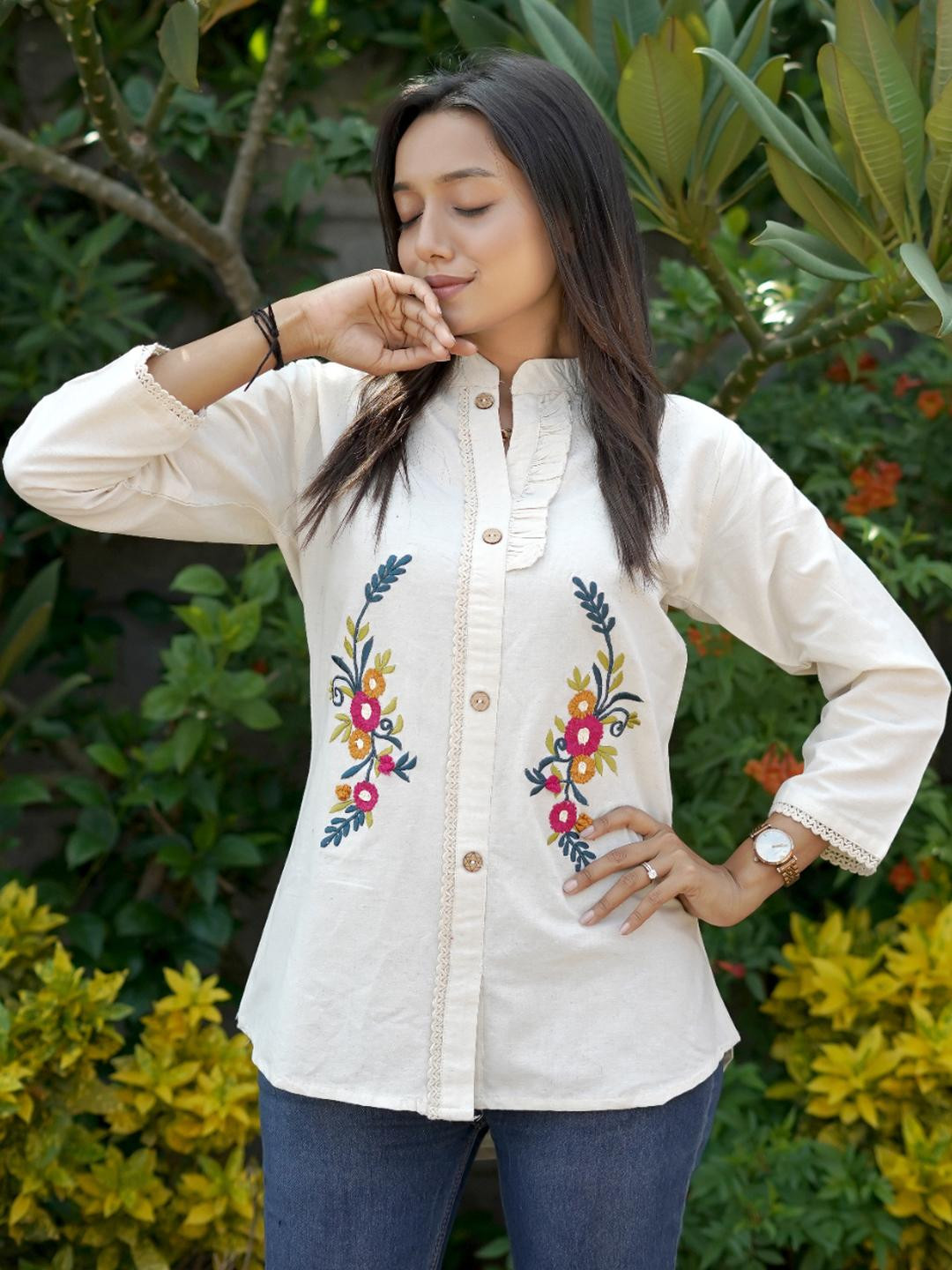 CORSICA Women Off White Cotton Casual Shirts