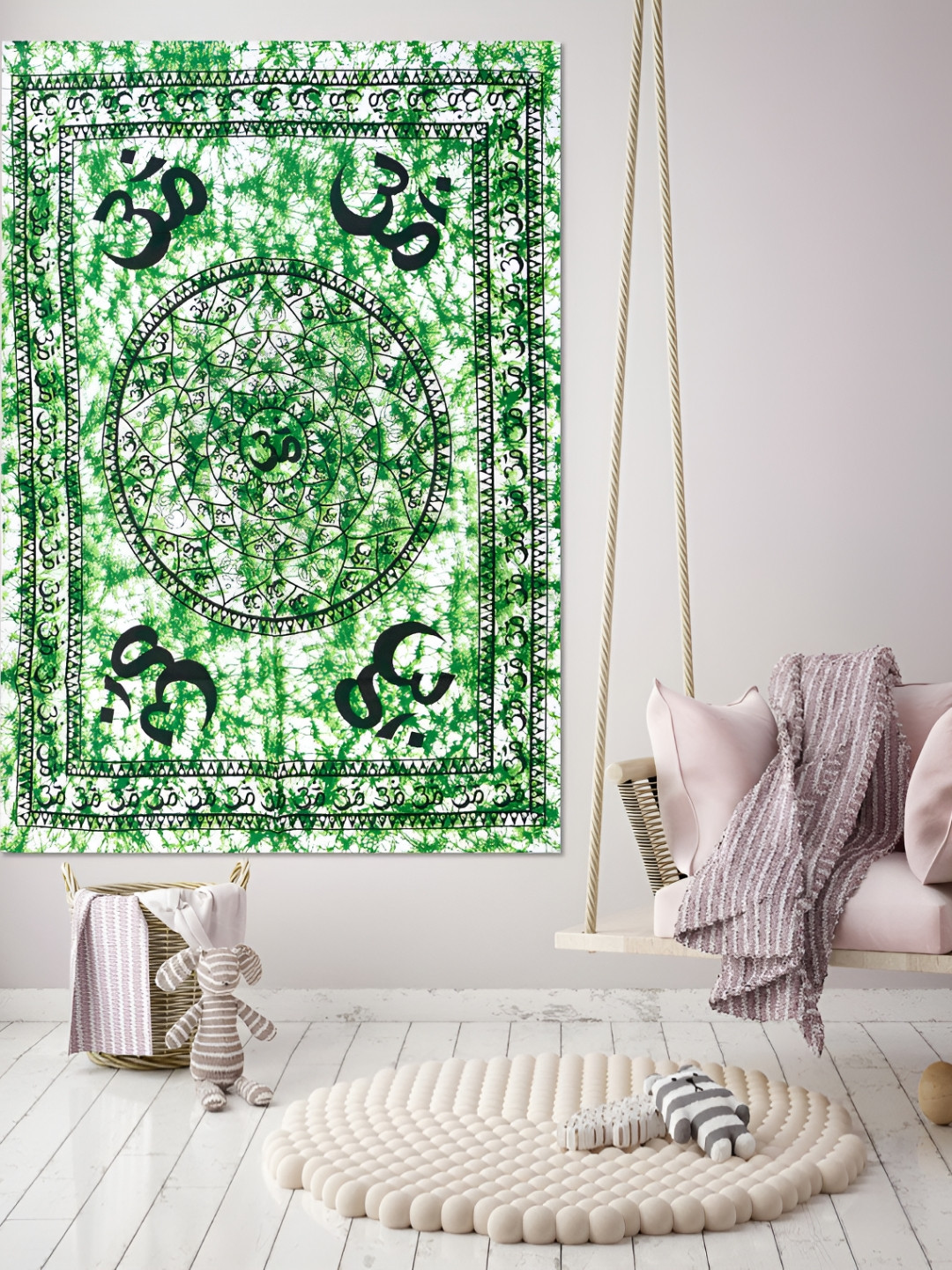 HANDICRAFT PALACE Green & Black Om Manala Printed Pure Cotton Wall Hanging Tapestry