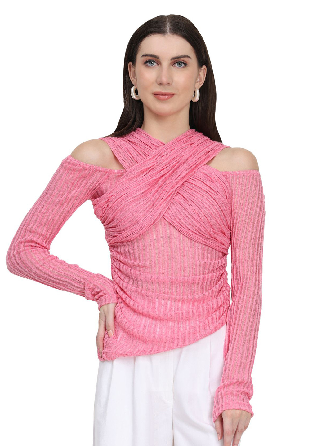 KELIN Gianna Off-Shoulder Cold-Shoulder Twisted Satin Fitted Top