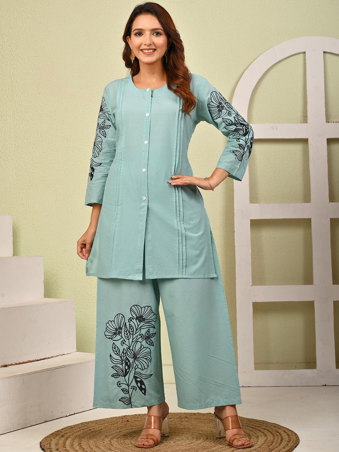 AUTUMN LANE Mahua Marbles Embroidered Pure Cotton Tunic With Palazzo Co-Ords Set