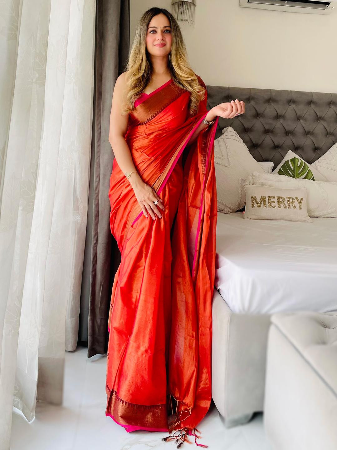Anouk Orange Woven Design Tissue Sarees