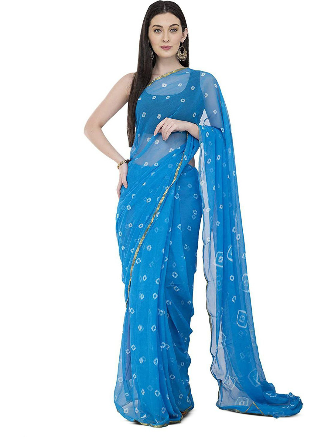 DURGA EMPORIO Geometric Printed Bandhani Pure Chiffon Saree With Blouse