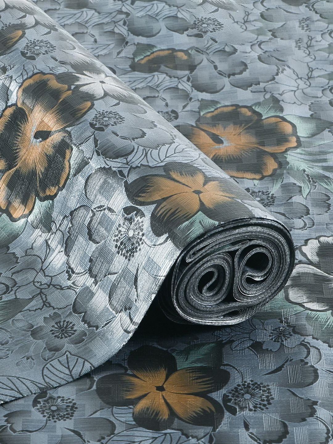 Kuber Industries Flower Grey & Black 5 Meter PVC Anti Slip Roll Kitchen Shelves