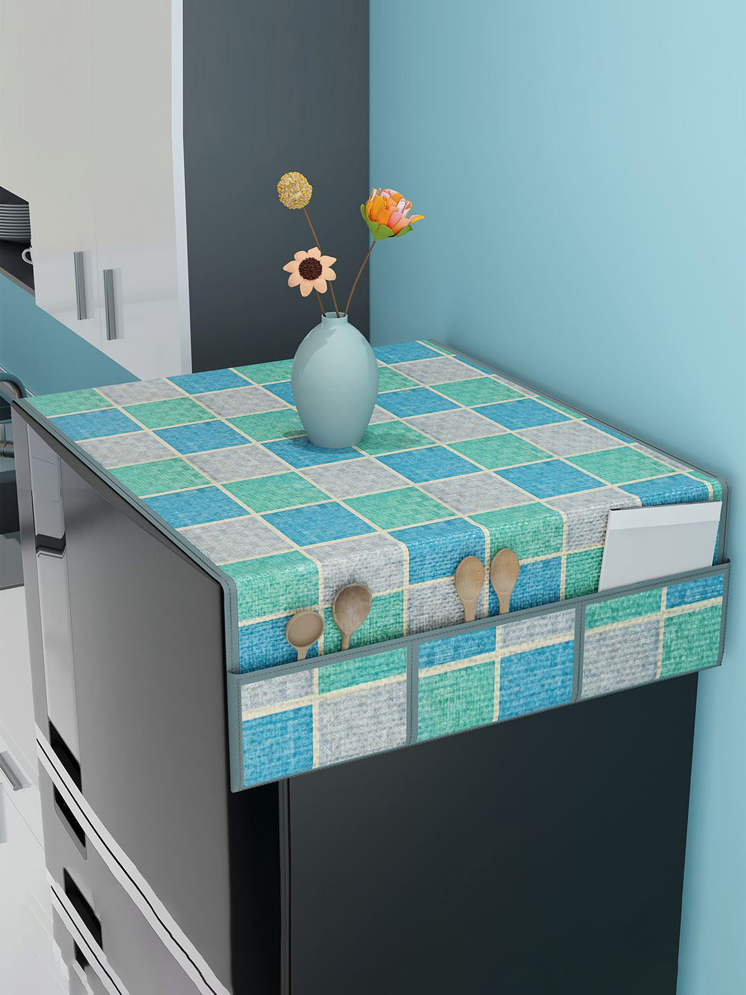Kuber Industries Blue & Green 6 Utility Side Pockets Printed Anti-Dust Fridge Top Cover