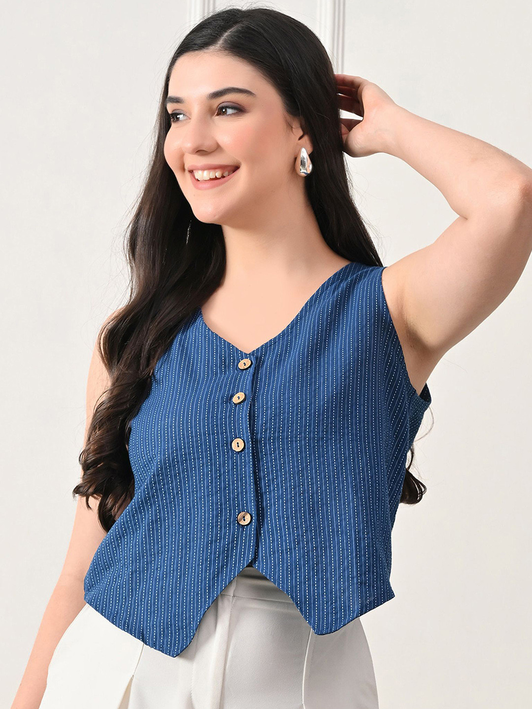 DECKEDUP Women Amee Striped Pure Cotton Waistcoat