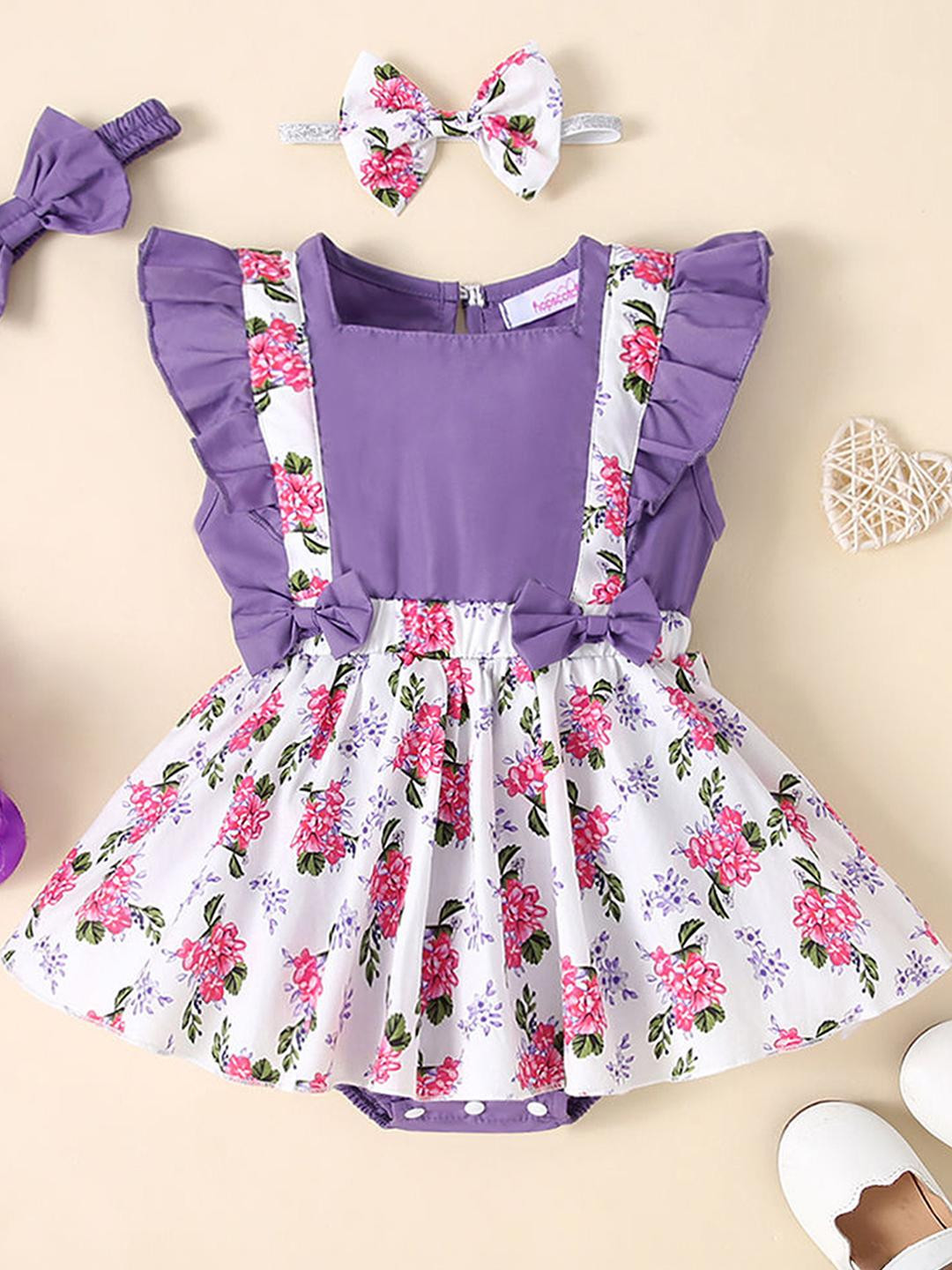 Hopscotch Girls Floral Ruffled Onesie with Headband