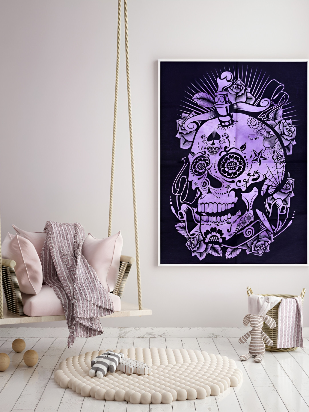 HANDICRAFT PALACE Purple & Black  Skull Floral Printed Pure Cotton Wall Hanging Tapestry