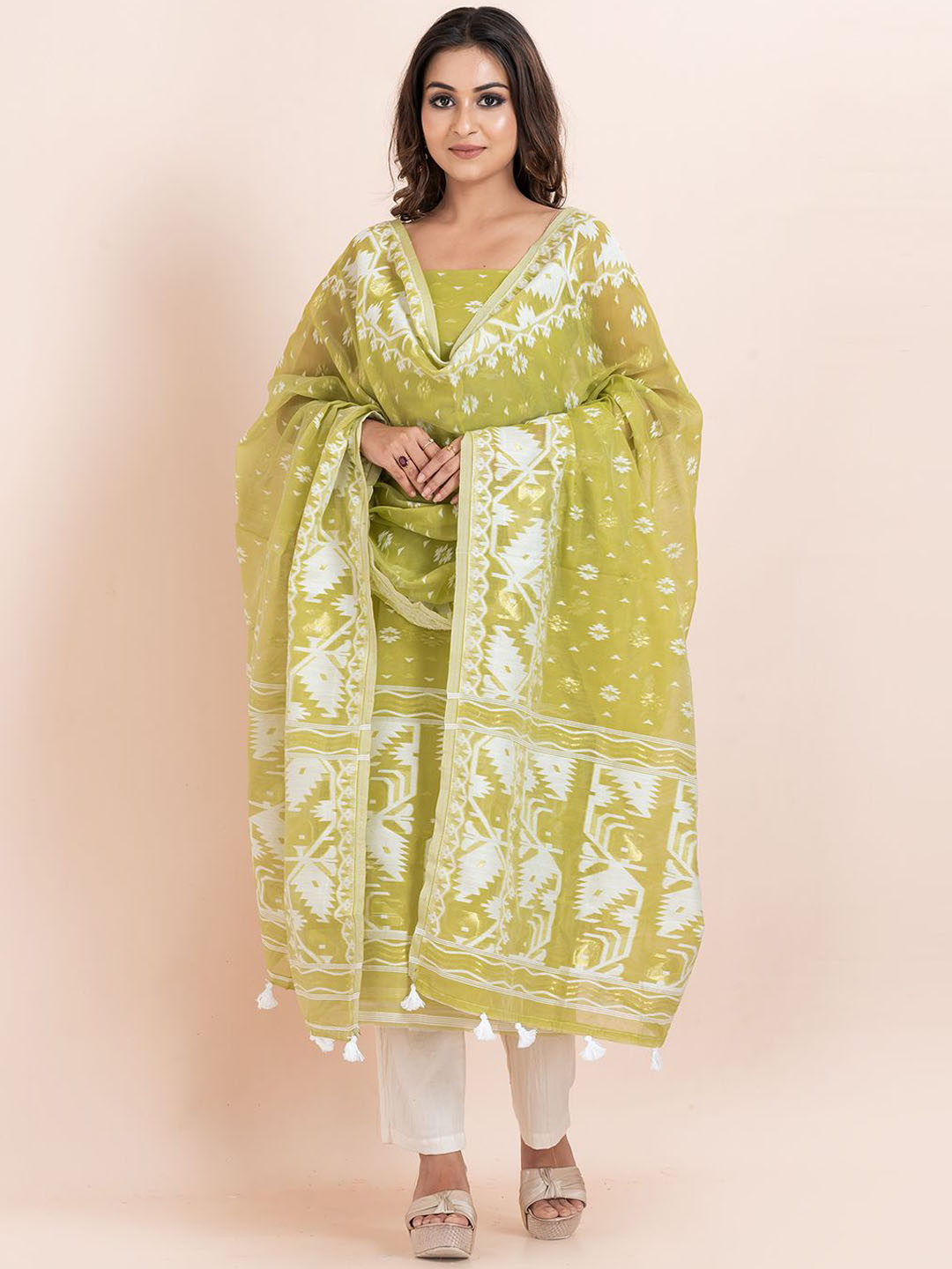 Durga Handloom Jamdani Woven Design Zari Pure Cotton Unstitched Kurti with Dupatta Dress Material