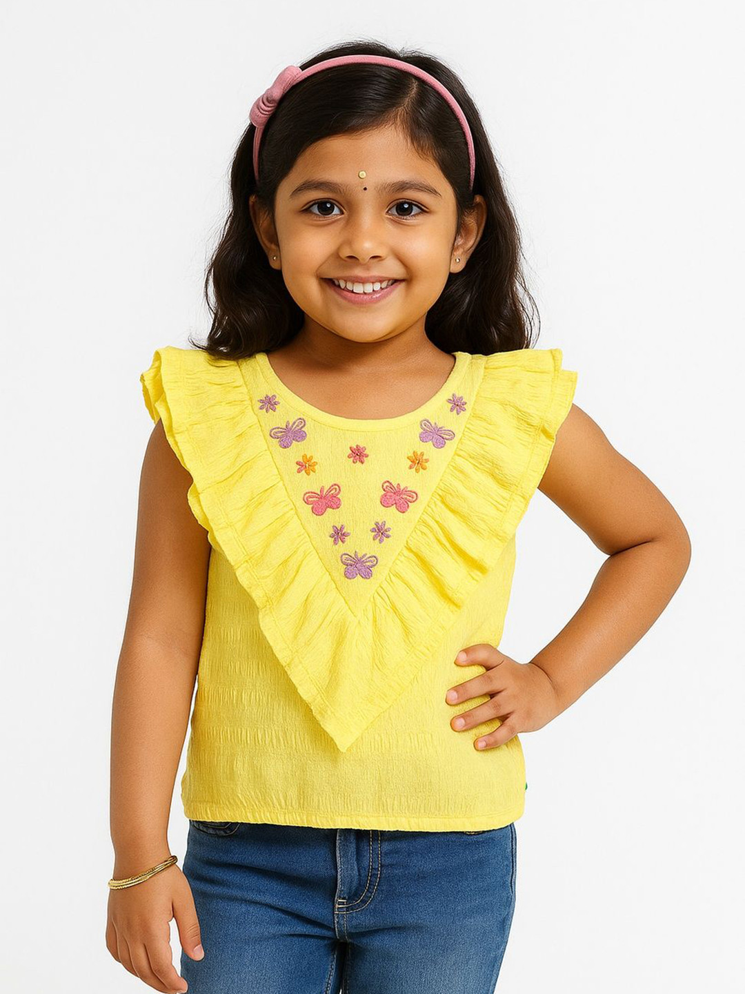 JusCubs Girls Self Design Embroidered Flutter Sleeves Cotton Top