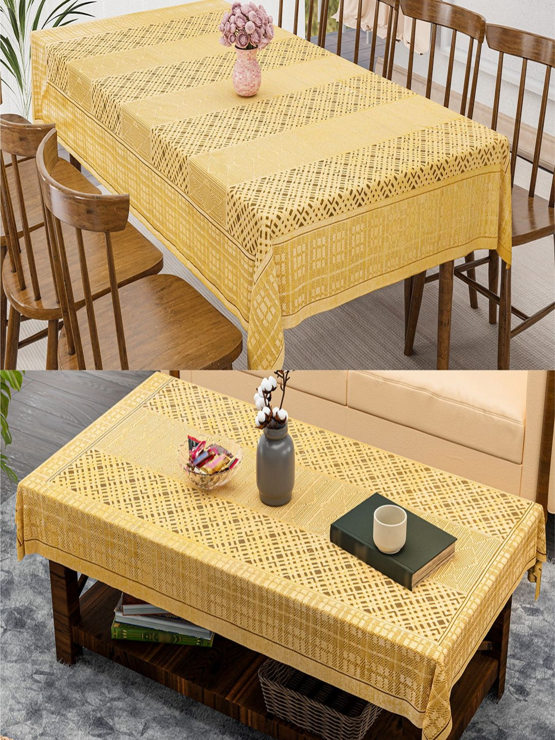 Aura Gold-Toned 2 Pieces Zig Zag Bright Anti-Skid Cotton 6-Seater Dining & Table Covers