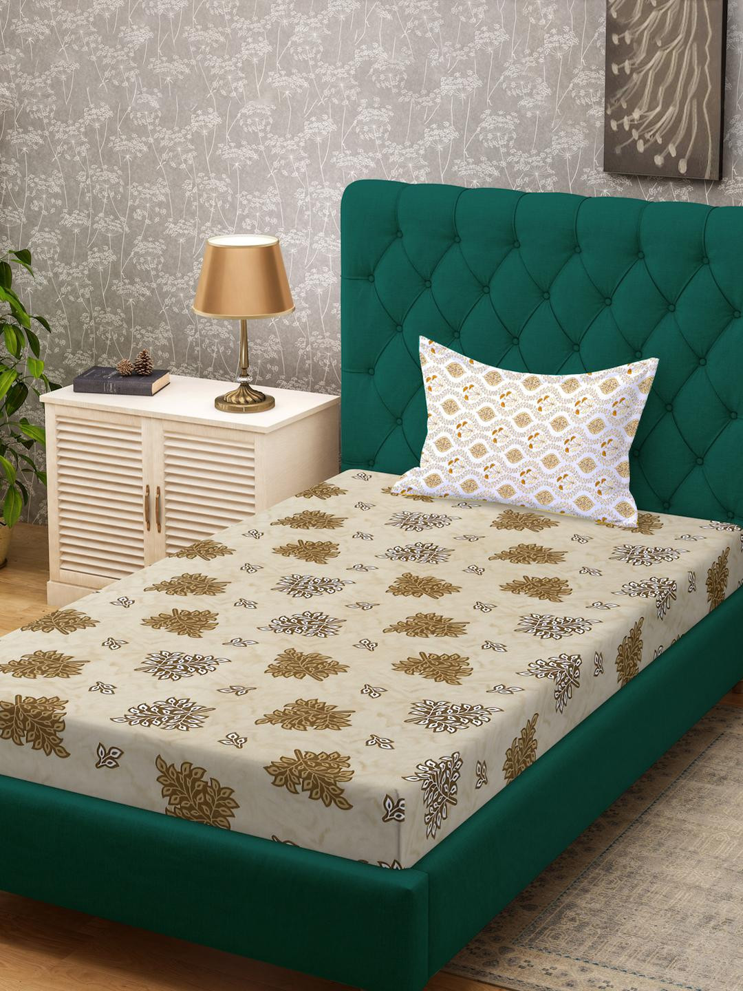 KLOTTHE Yellow Floral Cotton Single Bedsheets