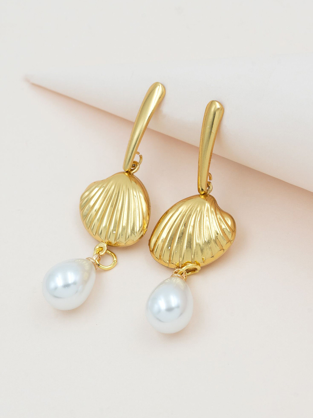 ARTKLIM Stainless Steel Gold-Plated Pearls Beaded Shell Shaped Drop Earrings