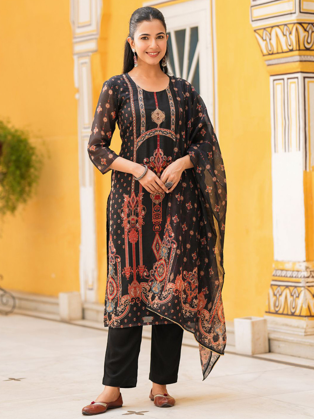 Rain & Rainbow Women Sequinned Chanderi Cotton  Kurta with Trousers & Dupatta