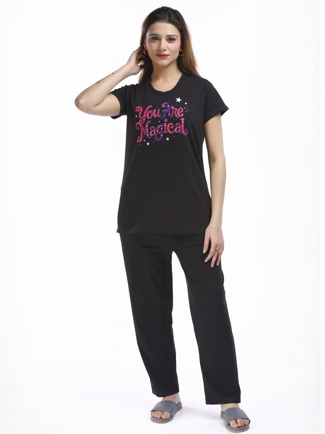 E-MAX Women Cotton Blend Printed Night suit