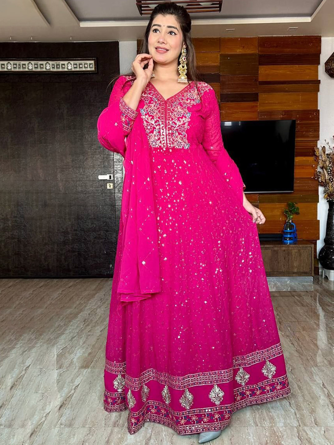 CRAFTLE Floral Embroidered V-Neck Georgette Anarkali Kurta With Trousers & Dupatta