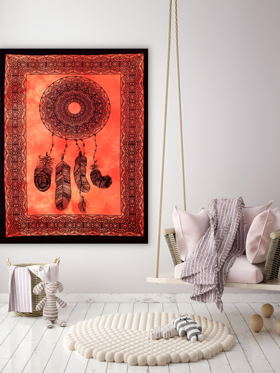 HANDICRAFT PALACE Orange-Coloured & Black Dream Catcher Printed Wall HangingTapestry