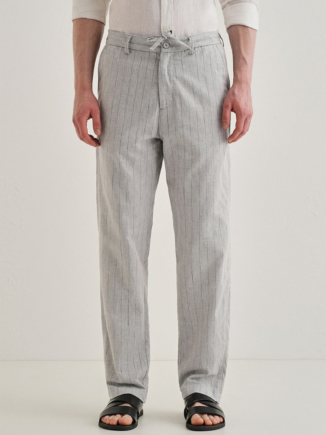 Banana Club Men Grey Striped Relaxed Linen Trousers