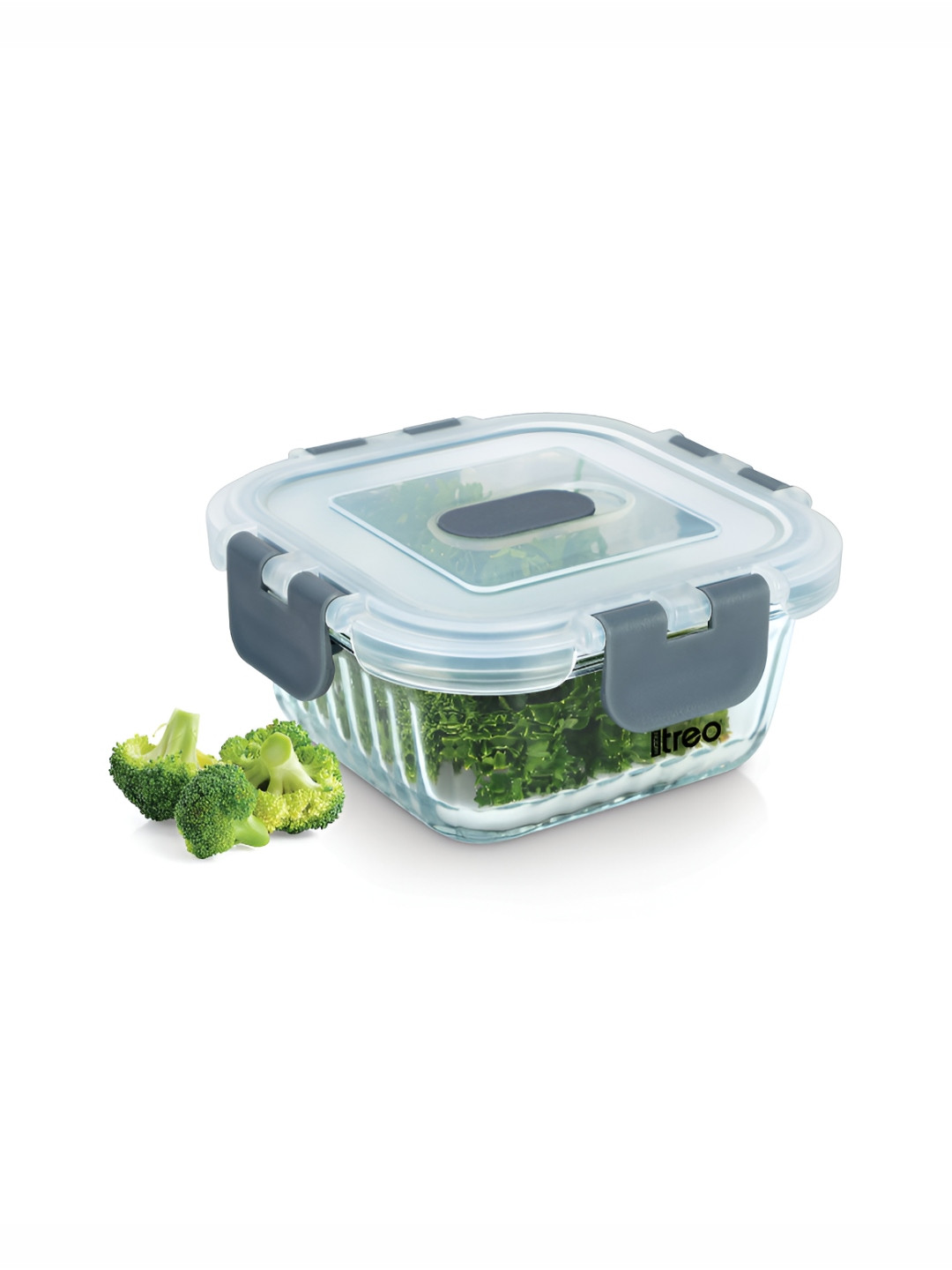 Treo Clip Fresh RIB Square 320 ml Premium High Borosilicate Glass Container with Air Vent