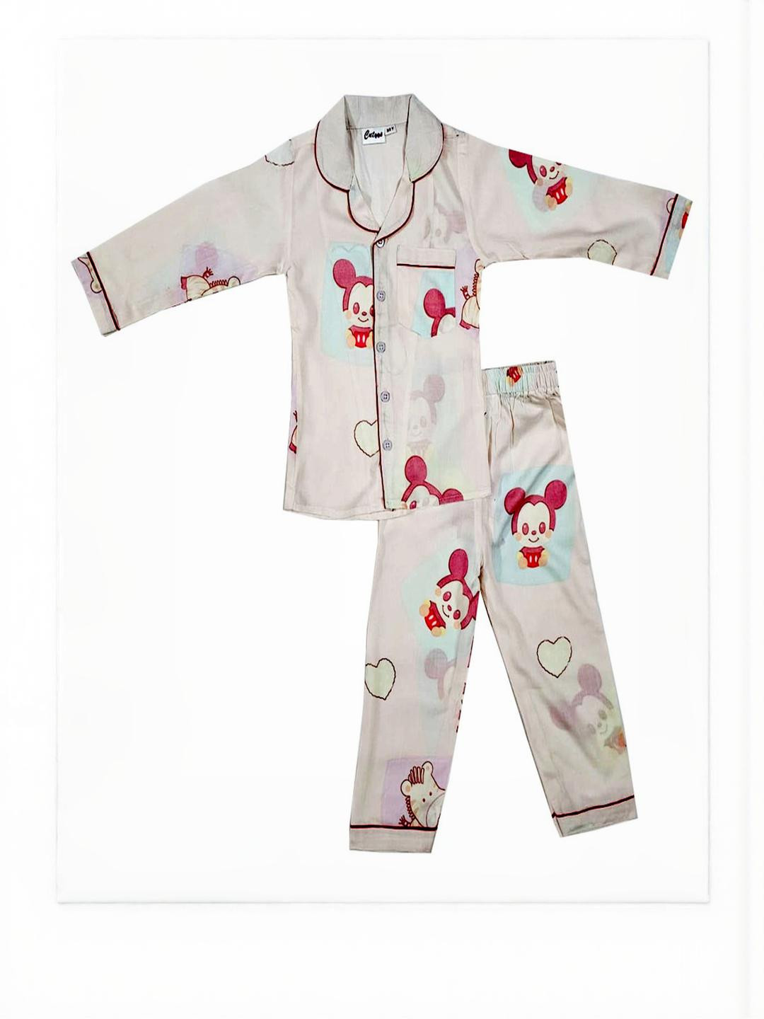 Cutoos Unisex Kids Mickey Mouse Printed Cotton Shirt And Pyjama Night Suit