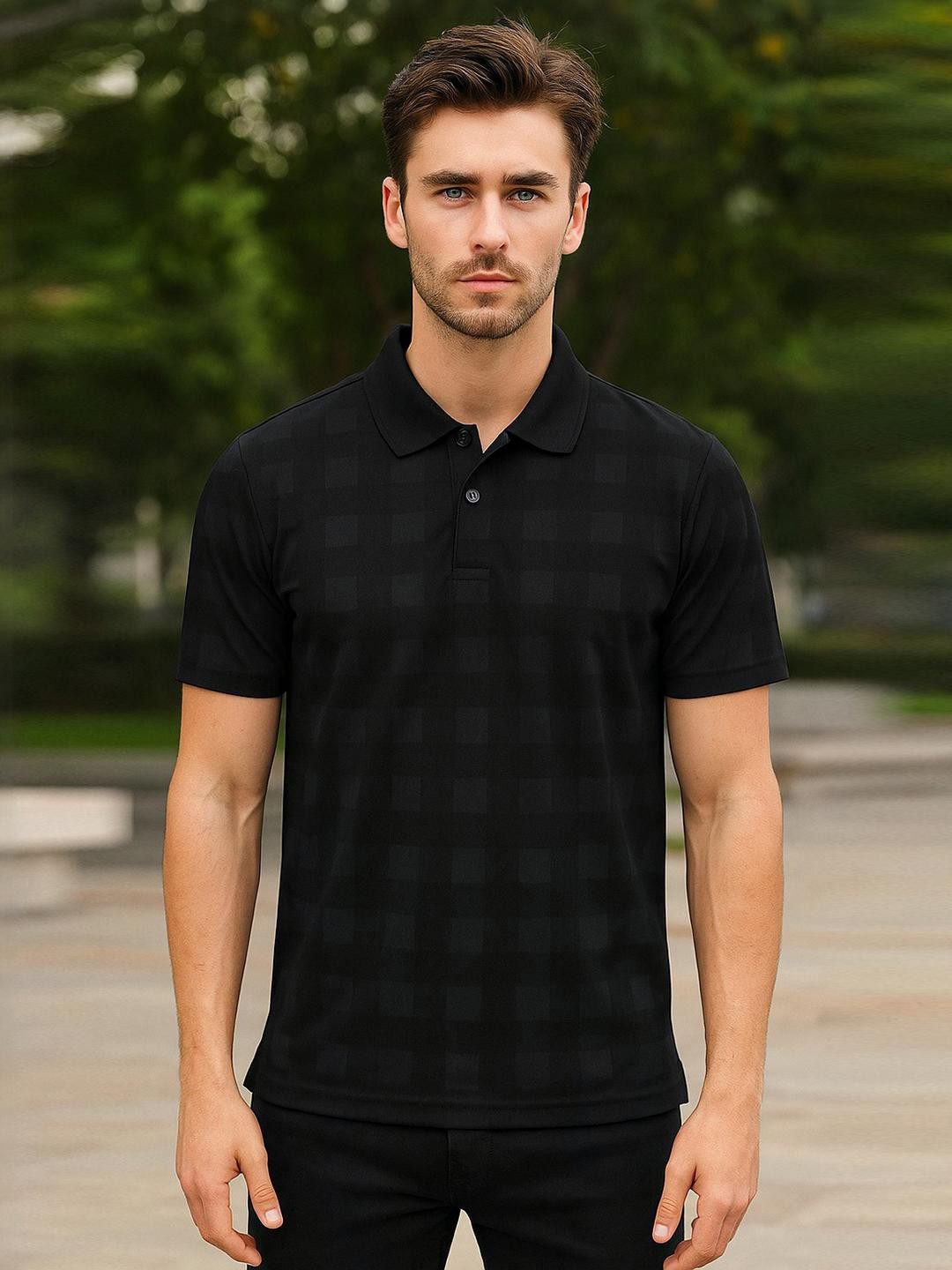 SZN Men Black Checked Polo Collar T-shirt