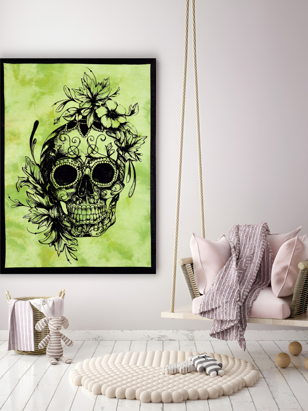HANDICRAFT PALACE Green & Black Skull Printed Cotton Wall HangingTapestry