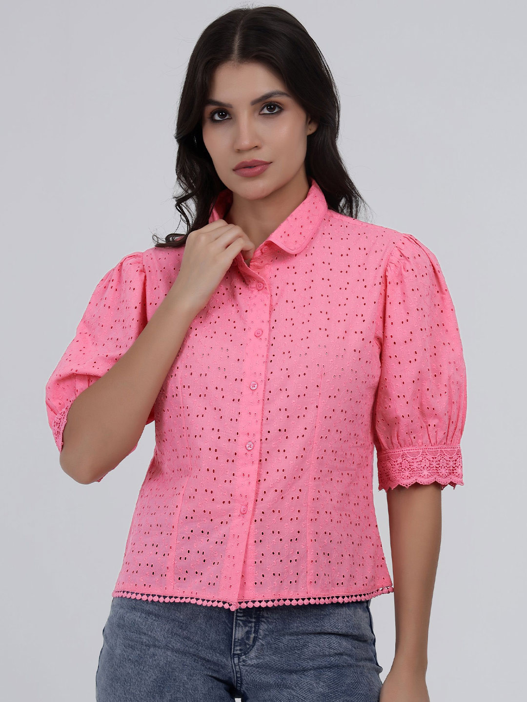 Peppinos Women Pure Cotton Self Design Schiffli Embroidered Shirt Style Top