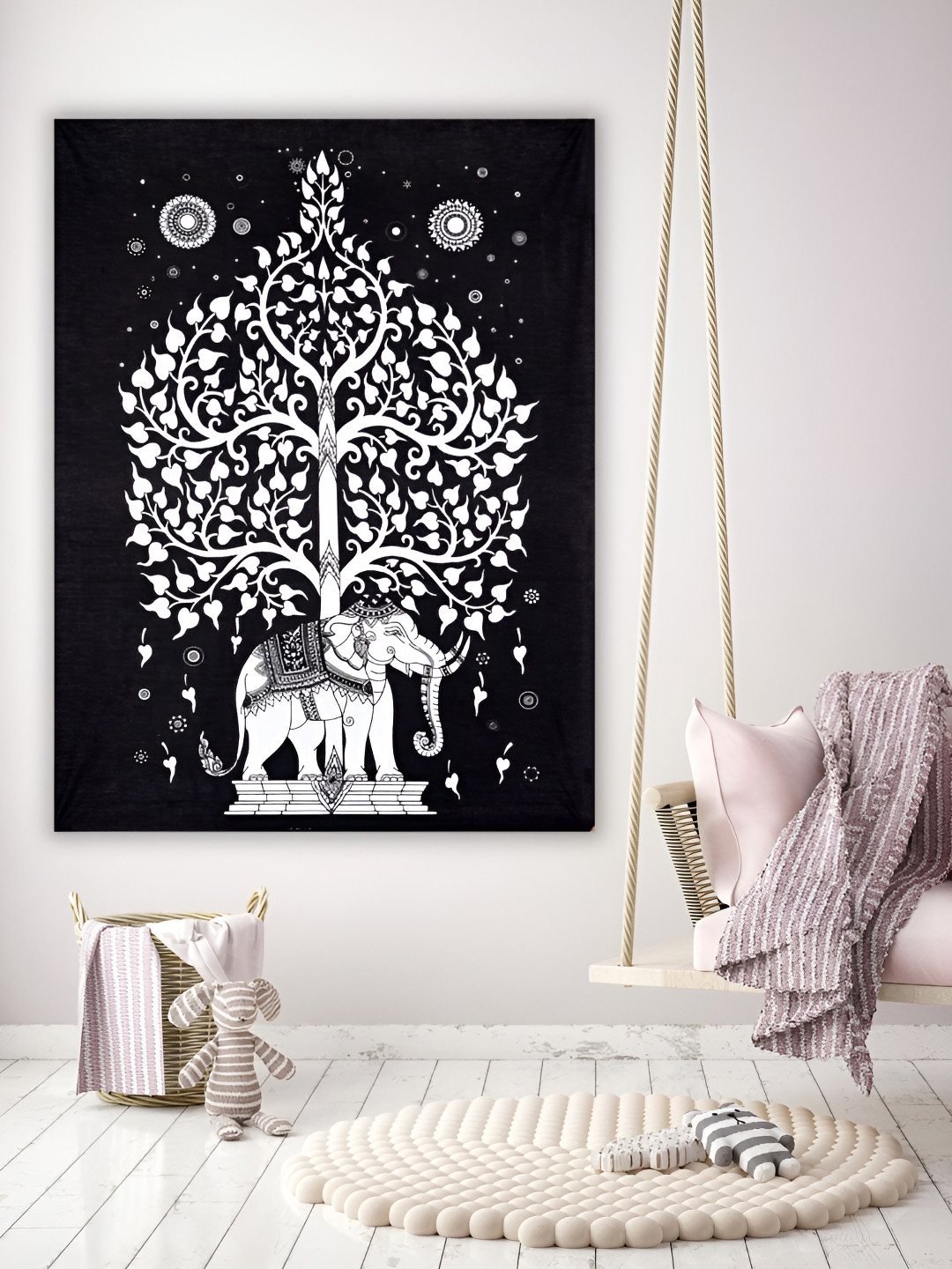 HANDICRAFT PALACE White & Black Elephant Tree of Life Printed Cotton Wall Hanging Tapestry