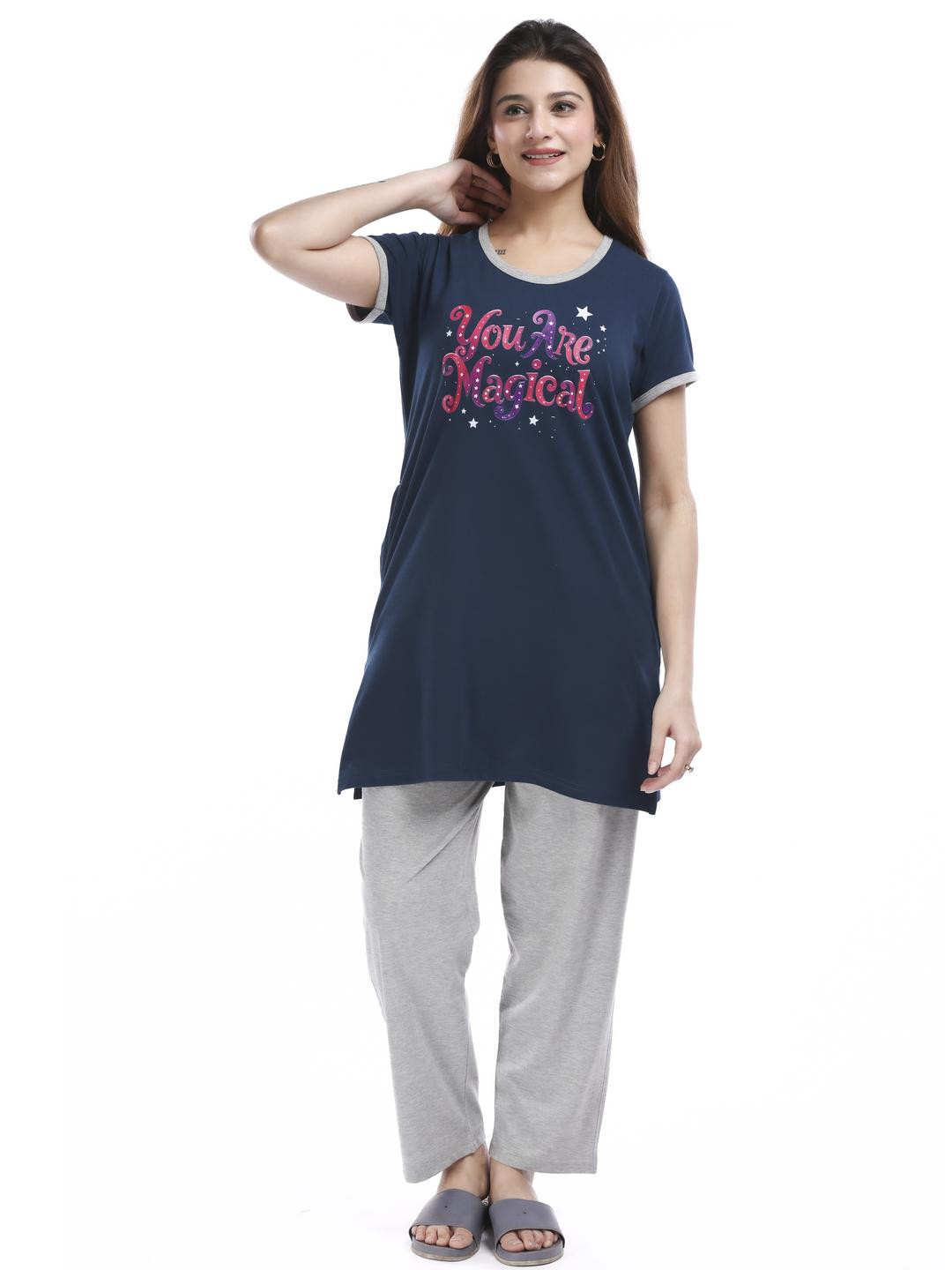 E-MAX Women Navy Blue & Grey Printed Night suit