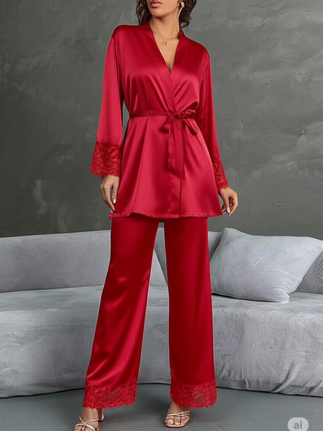 UDHATIKRAMAN Lace Detailed V-Neck Satin Kaftan With Pyjama