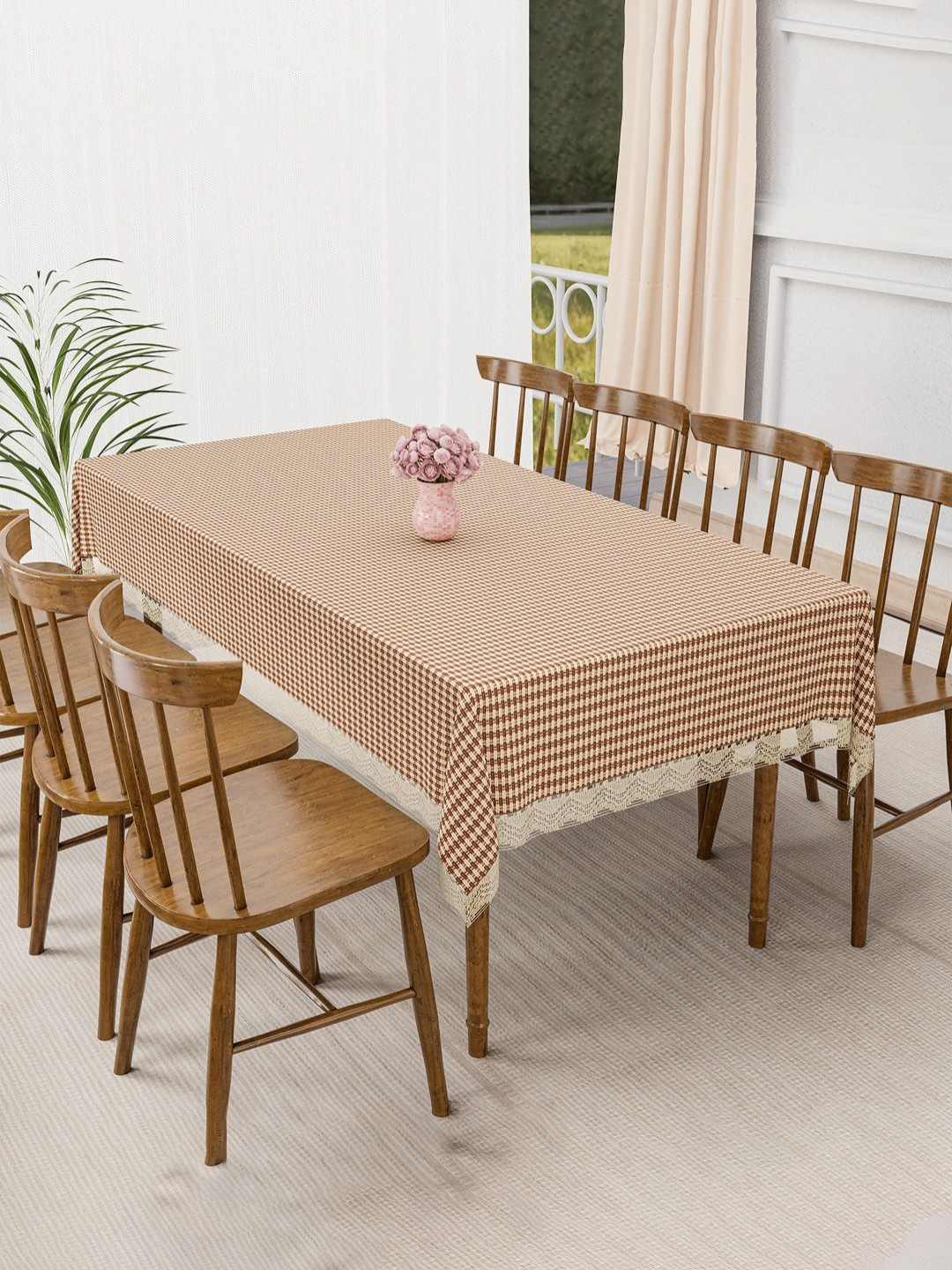 Aura Cream-Coloured & Brown Big Patta Anti-Skid 6-Seater Table Cover