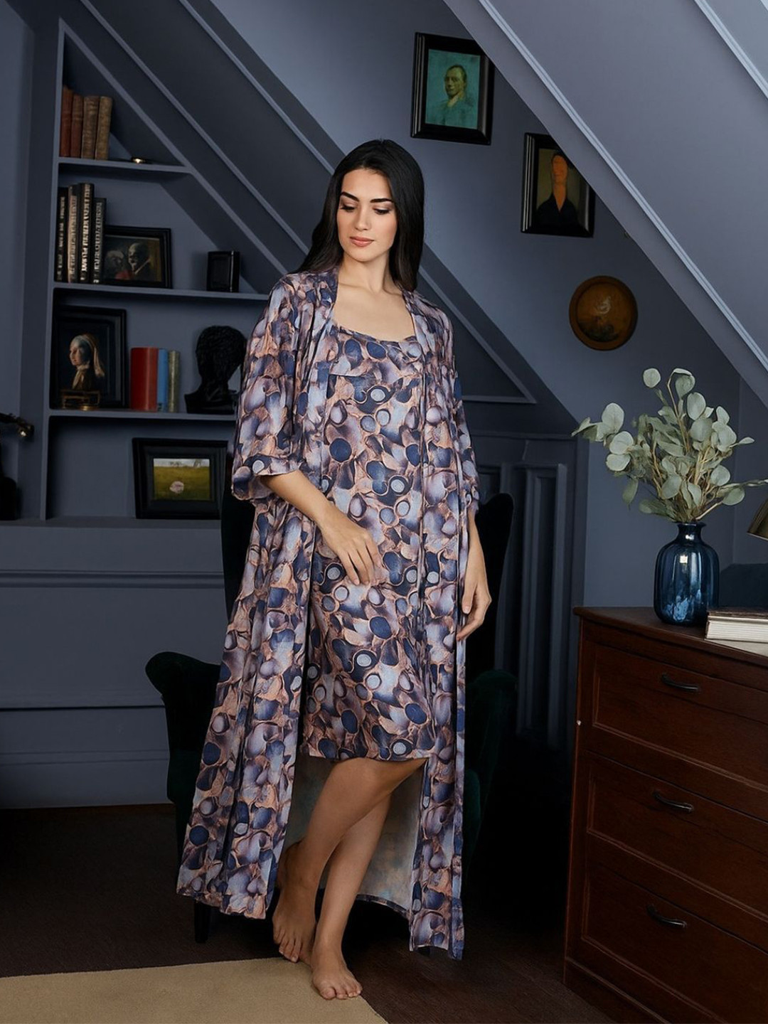 UDHATIKRAMAN Women Satin Printed Nightdress with Matching Robe