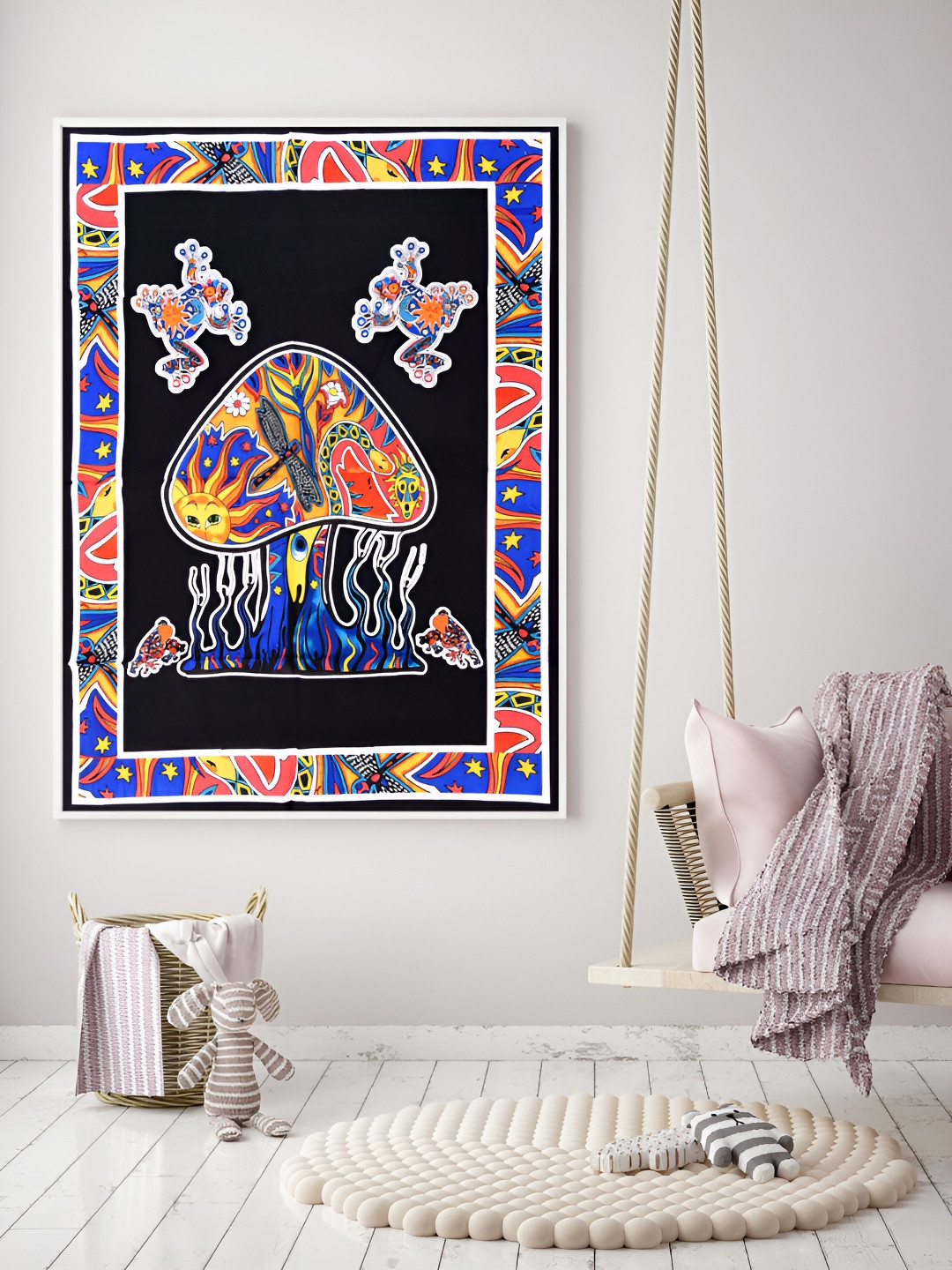 HANDICRAFT PALACE Blue & Black Mushroom Printed Pure Cotton Wall Hanging Tapestry