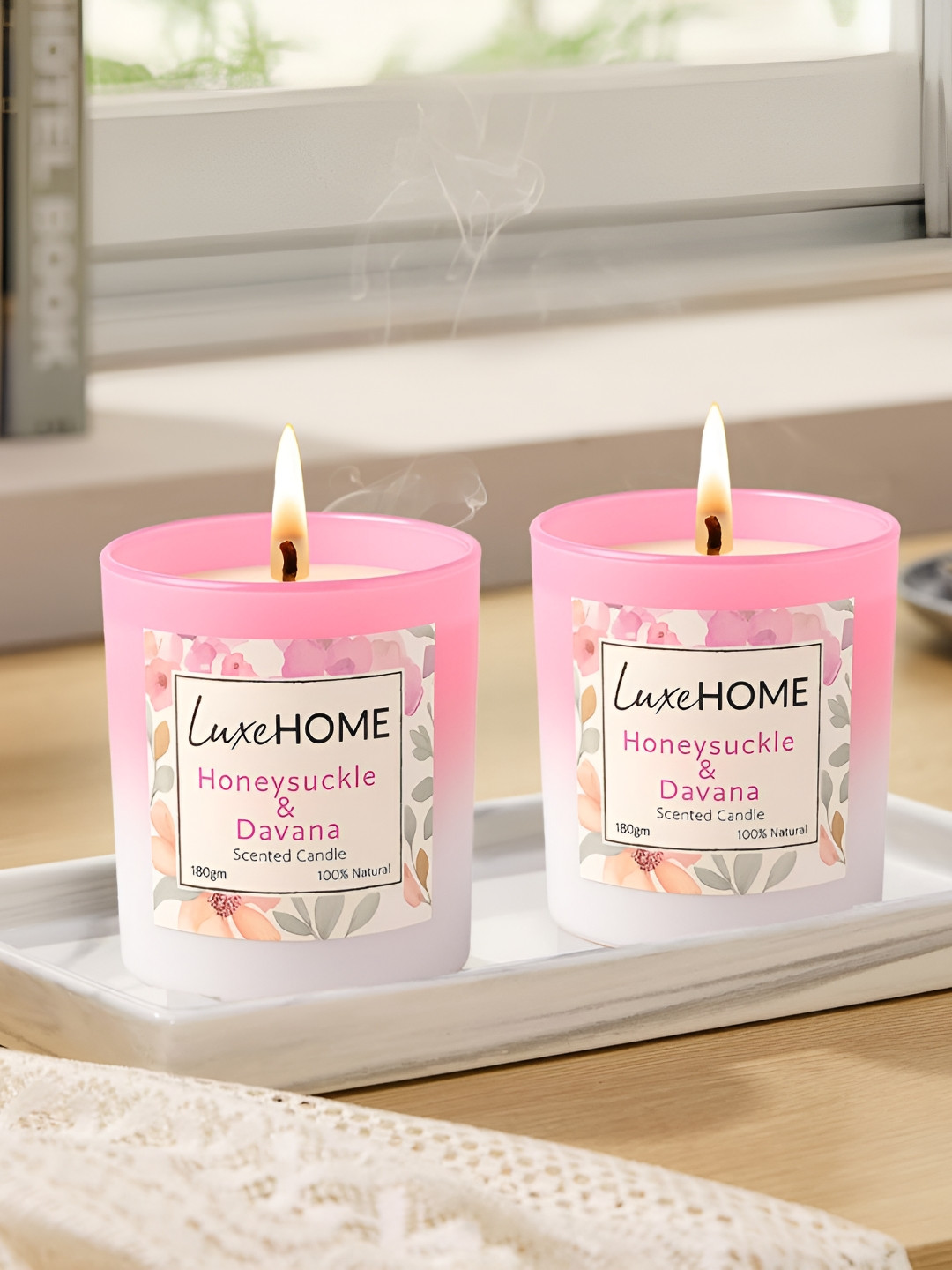 LUXEHOME INTERNATIONAL Honey Suckle Davana Pink & White 2 Pieces Scented Jar Candles