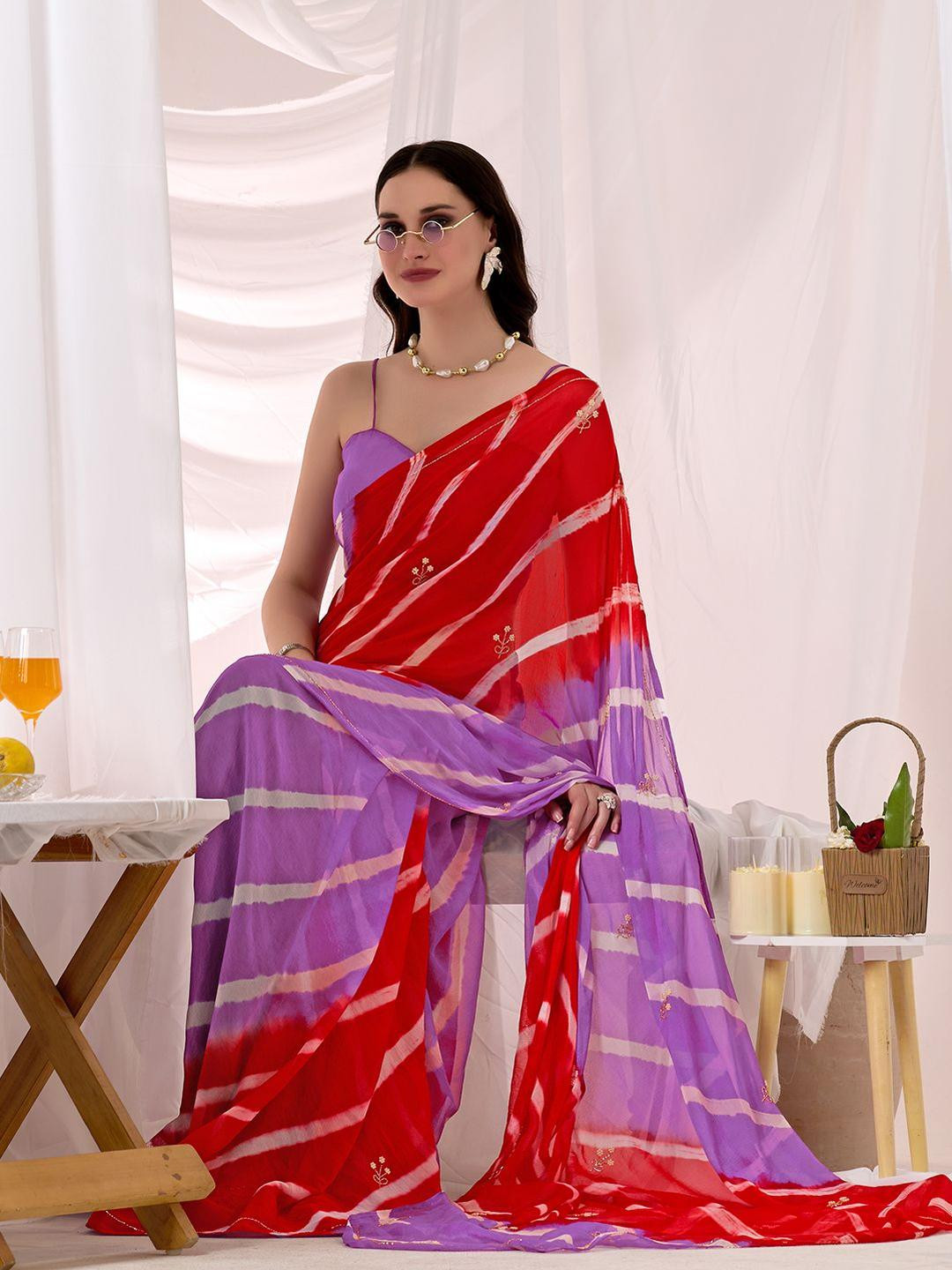 BAPS Leheriya Tie and Dye Sequinned Pure Chiffon Leheriya Saree