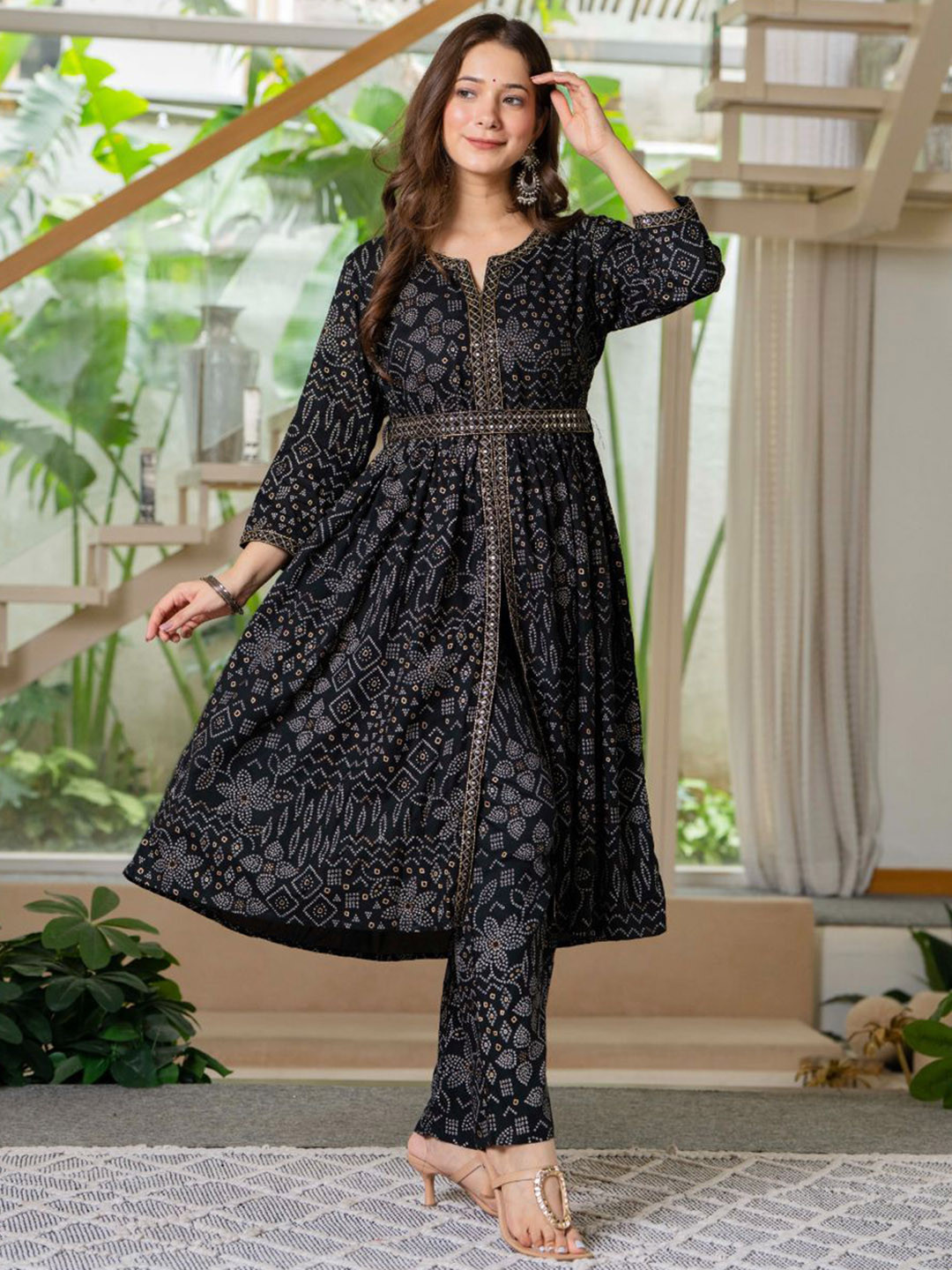 SIDDHANAM Women Ethnic Motifs Printed Mirror Work Pure Cotton Kurta with Palazzos