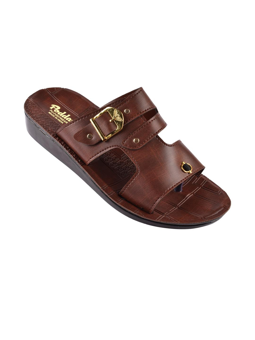 Poddar Men Men Brown Textured Slip-On Sliders with Gold-Tone Buckle & Toe Ring Sandal