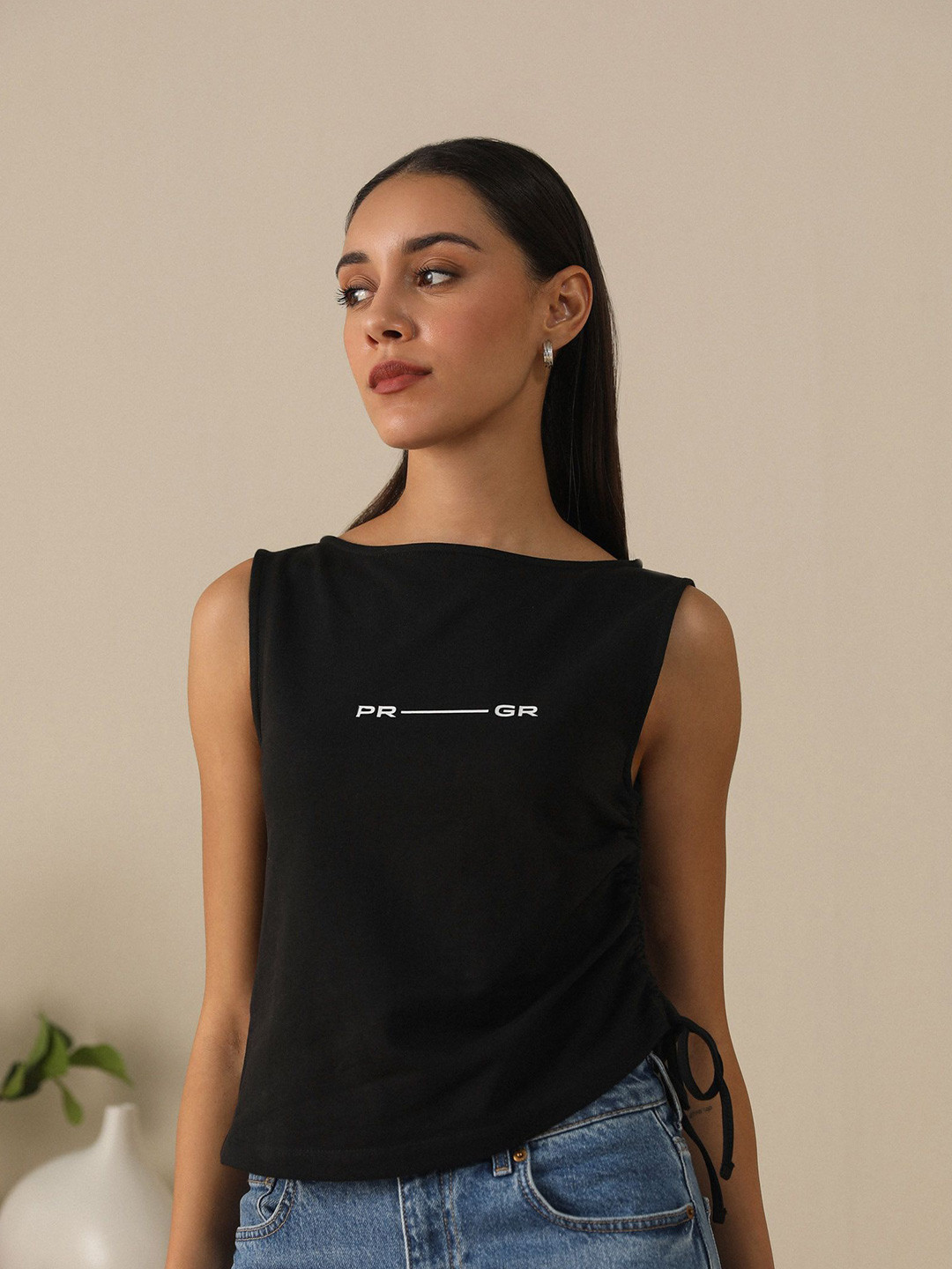 PRIMAL GRAY Women Typography Printed Round Neck Tie-Ups Cotton Top