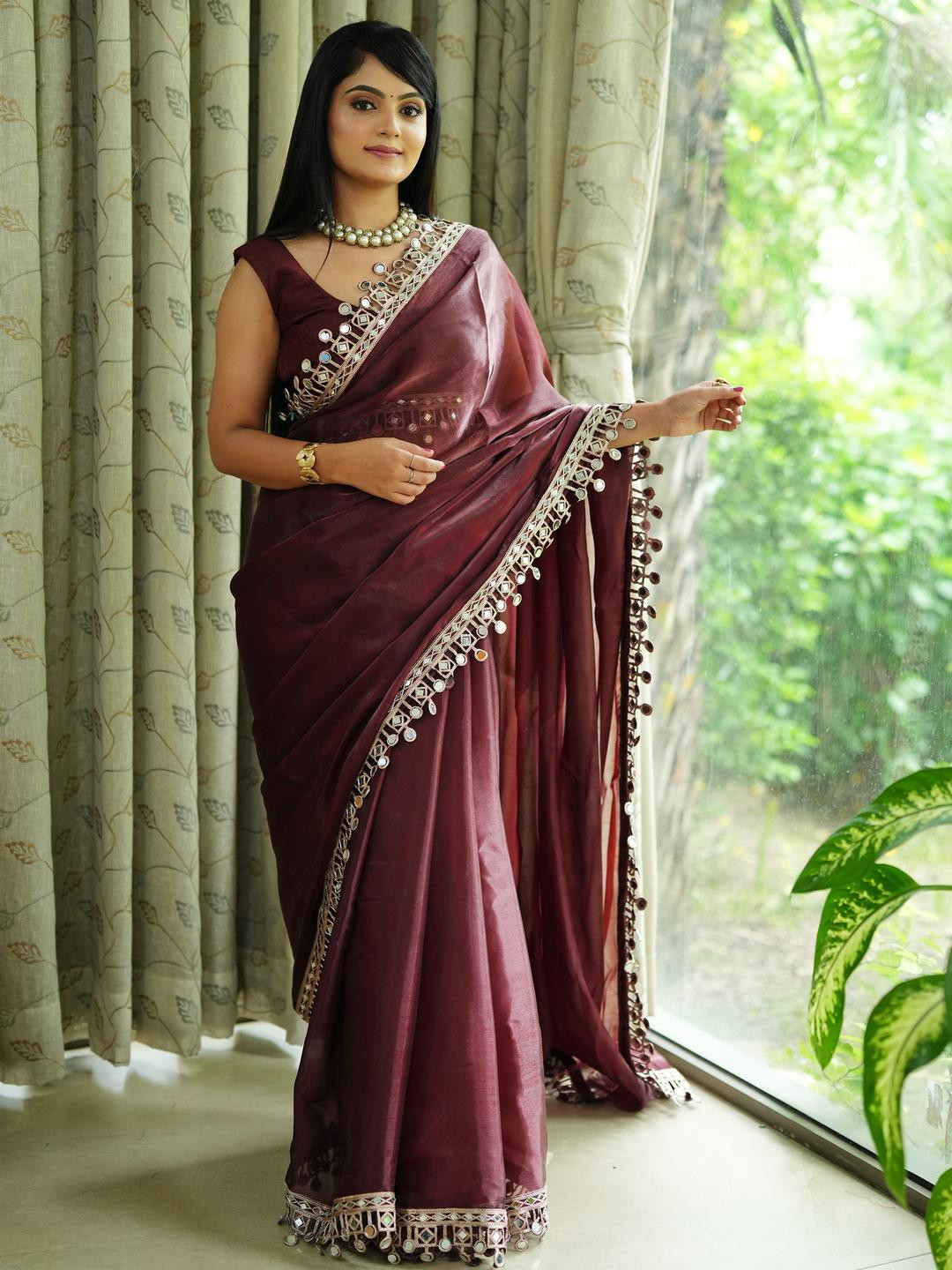 Anouk Maroon Tissue Solid Sarees