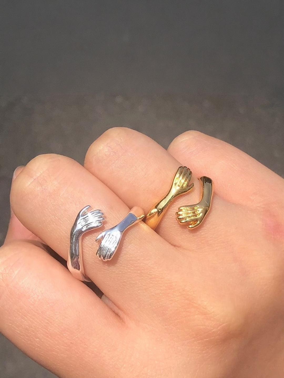 TheVineGirl Combo of 2 Silver Golden Friendship Loved Ones Hug Ring For Women And Girls