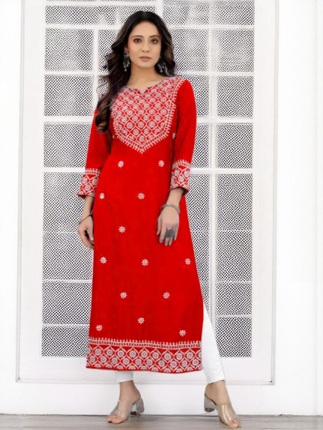 RA Creation Women Red Viscose Rayon  Kurtis