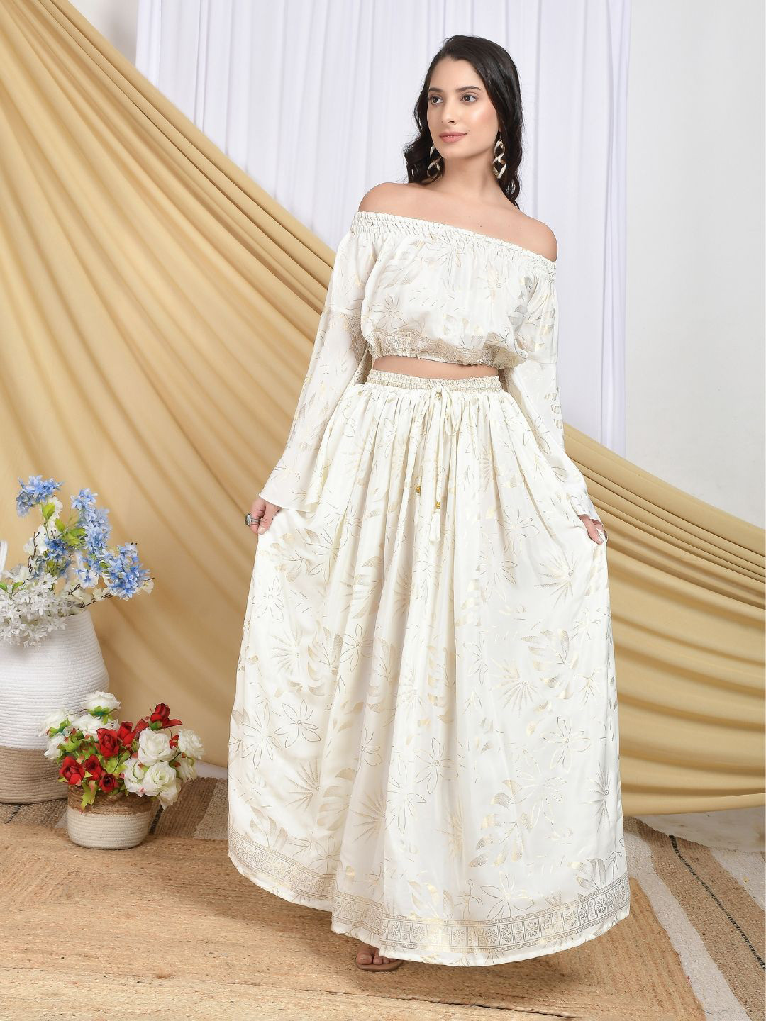 Boholyfe Serena Vanilla Printed Off Shoulder Top With Skirt Co-Ords