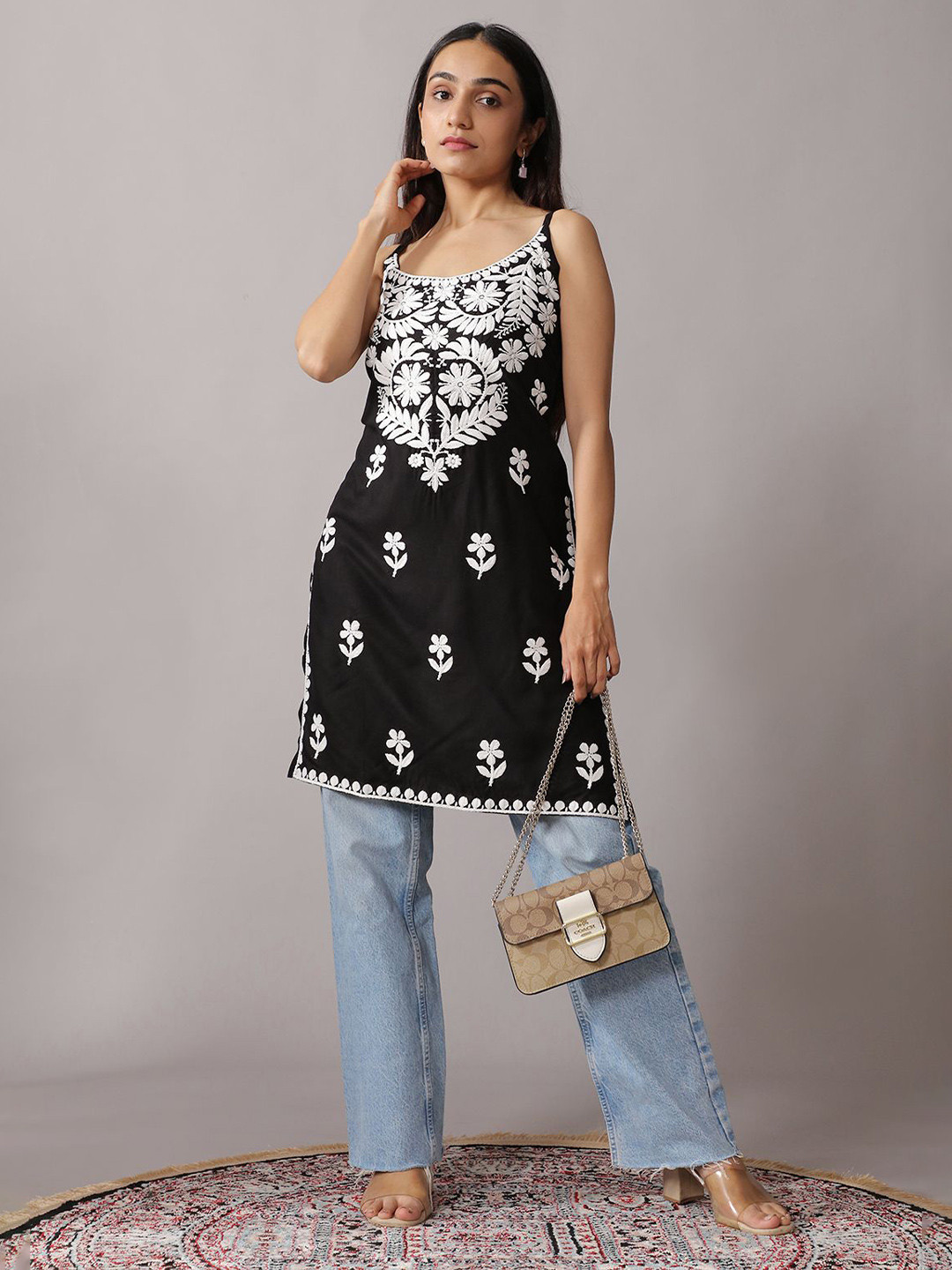colorkosh Black Floral Embroidered Chikankari Straight Rayon Kurta